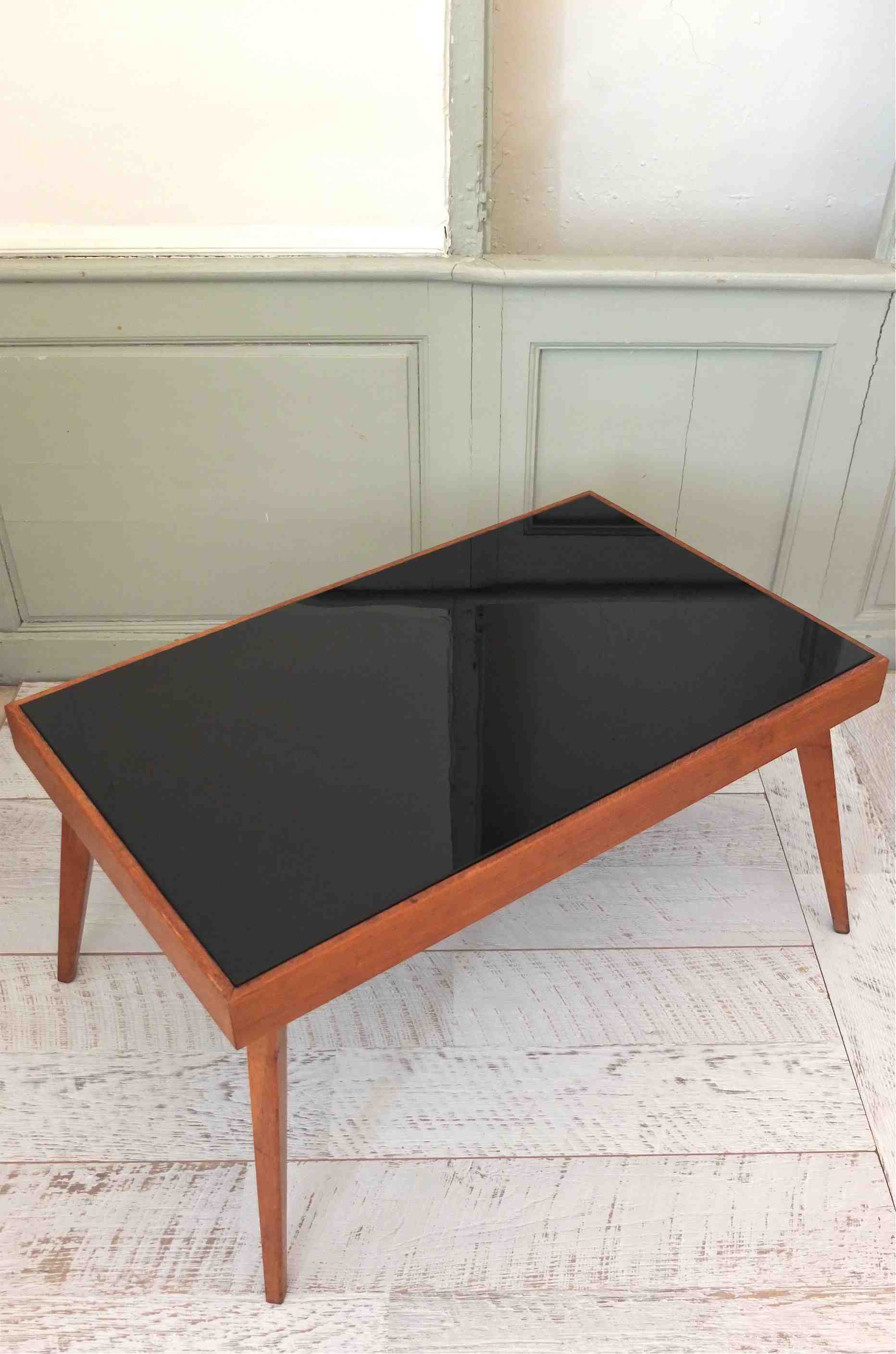 table basse pieds compas en verre noir et bois tcheque "Focus" slavia vintage 3