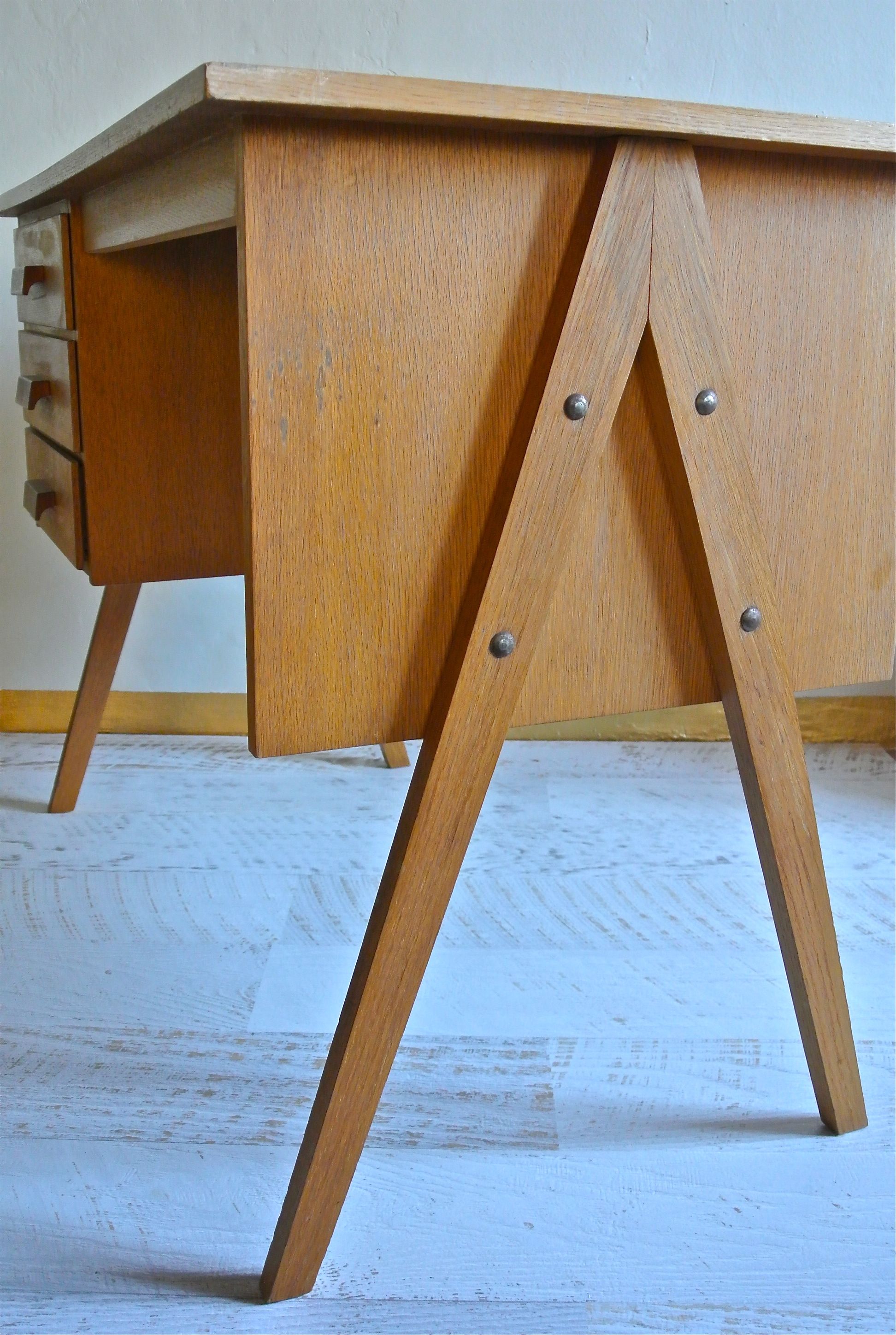 Slavia Vintage bureau en bois vintage des années 50 pieds compas photo côté modèle "Architekt"
