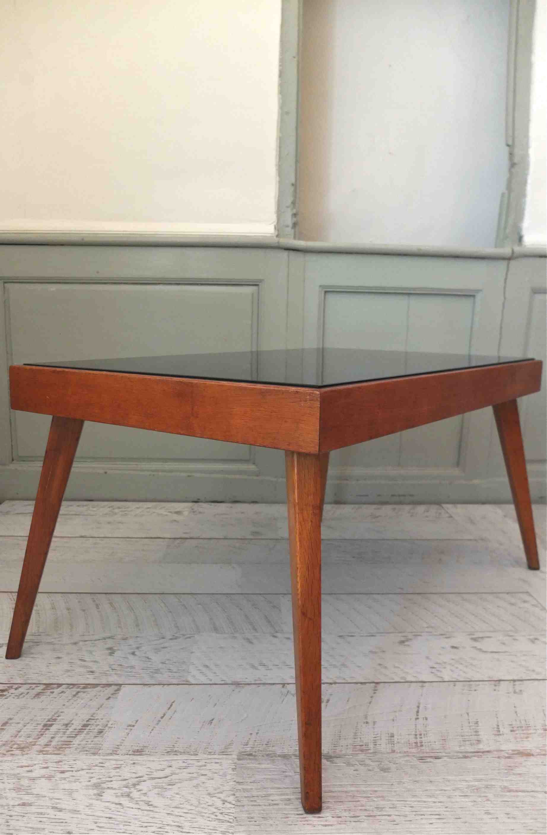 table basse pieds compas en verre noir et bois tcheque "Focus" slavia vintage 7